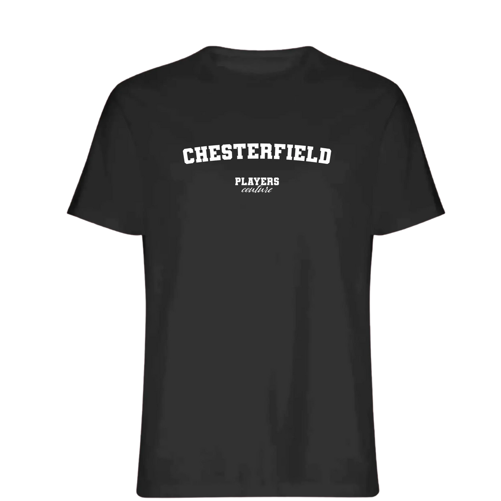 Chesterfield t-shirt – black men's t-shirt with white Chesterfield letters and Players Couture logo on the chest