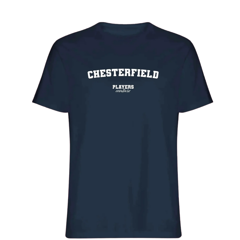 Chesterfield t-shirt – navy men's t-shirt with white Chesterfield letters and Players Couture logo on the chest