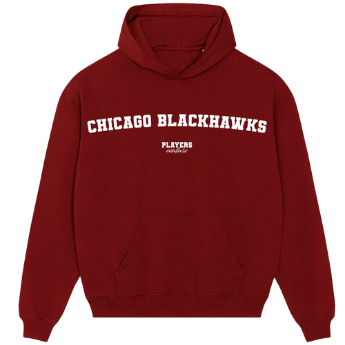Chicago Blackhawks hoodie – red men's hoodie with white Chicago Blackhawks letters and Players Couture logo on the chest