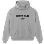 Child's Play hoodie – grey men's hoodie with black Child's Play letters and Players Couture logo on the chest