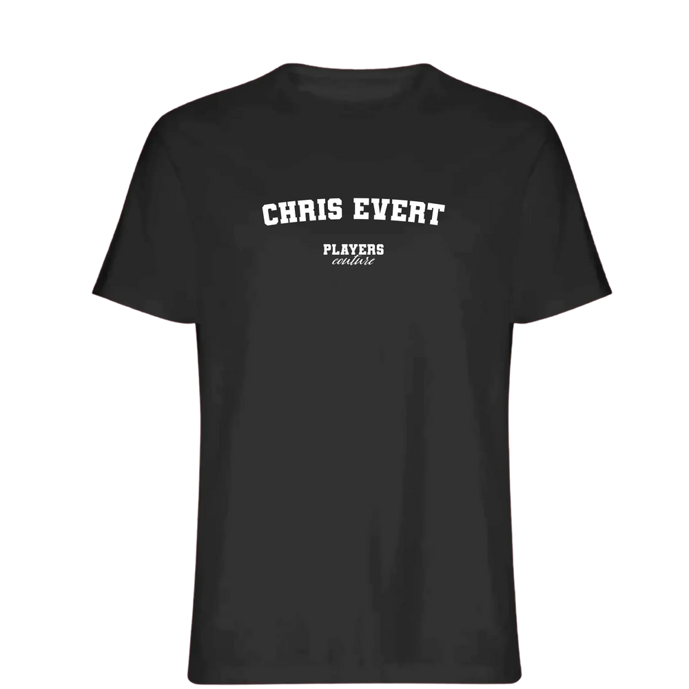 Chris Evert t-shirt – black men's t-shirt with white Chris Evert letters and Players Couture logo on the chest