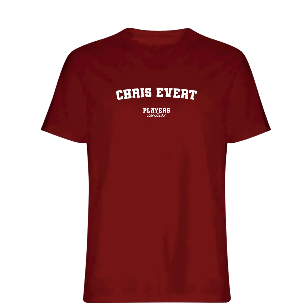 Chris Evert t-shirt – red men's t-shirt with white Chris Evert letters and Players Couture logo on the chest