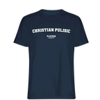 Christian Pulisic t-shirt – navy men's t-shirt with white Christian Pulisic letters and Players Couture logo on the chest