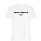Chrono Trigger t-shirt – white men's t-shirt with black Chrono Trigger letters and Players Couture logo on the chest