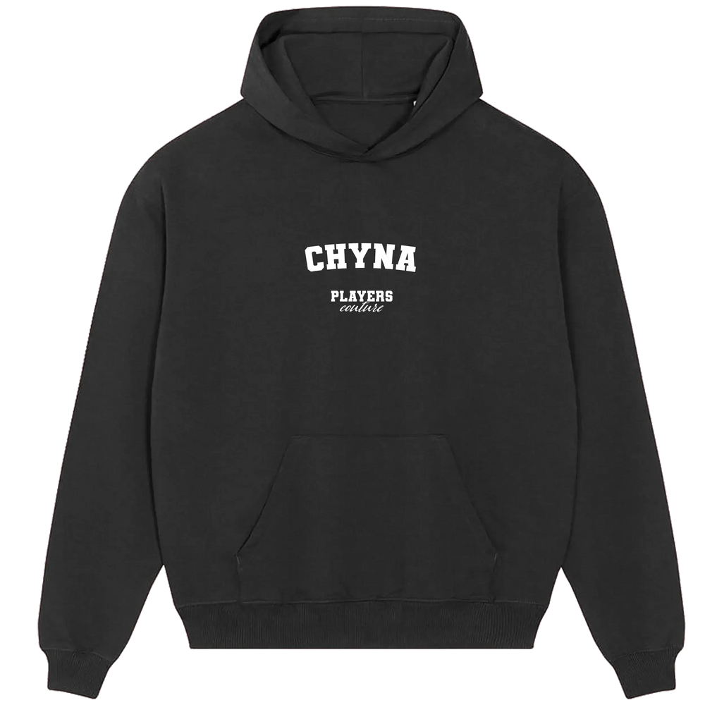 Chyna hoodie – black men's hoodie with white Chyna letters and Players Couture logo on the chest