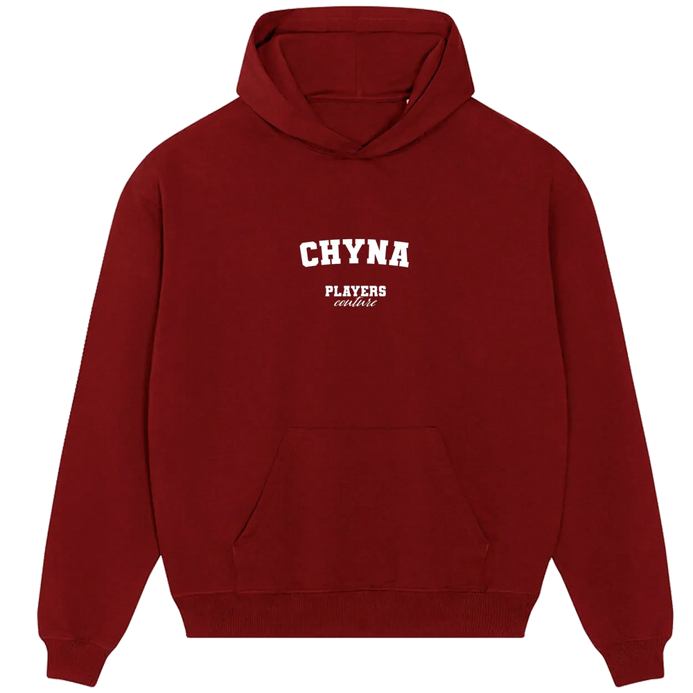 Chyna hoodie – red men's hoodie with white Chyna letters and Players Couture logo on the chest