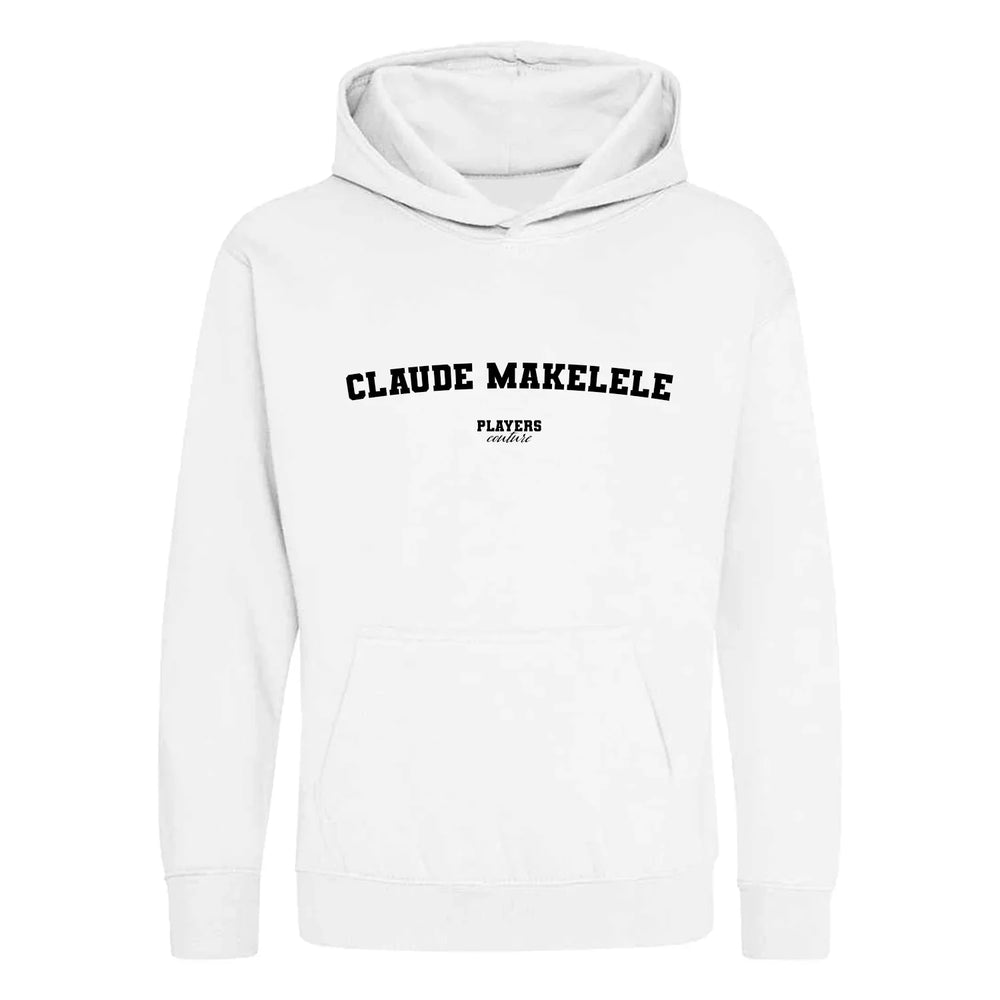 Claude Makelele hoodie – white kids' hoodie with black Claude Makelele letters and Players Couture logo on the chest