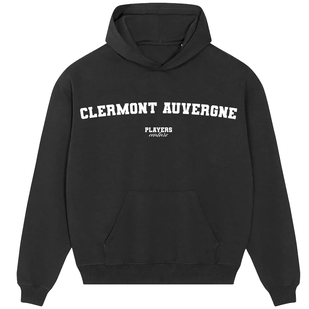 Clermont Auvergne hoodie – black men's hoodie with white Clermont Auvergne letters and Players Couture logo on the chest