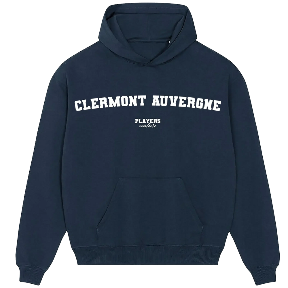 Clermont Auvergne hoodie – navy men's hoodie with white Clermont Auvergne letters and Players Couture logo on the chest