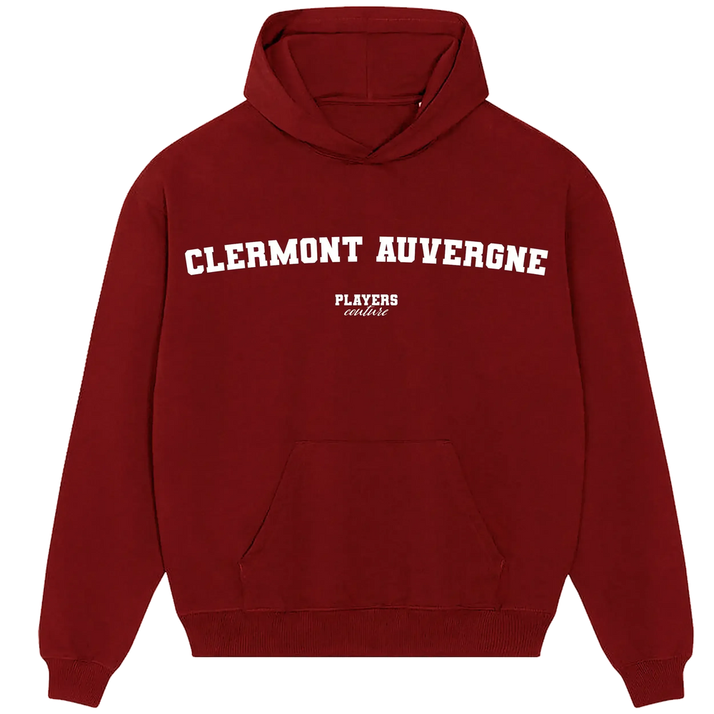 Clermont Auvergne hoodie – red men's hoodie with white Clermont Auvergne letters and Players Couture logo on the chest