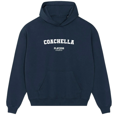 Coachella hoodie – navy men's hoodie with white Coachella letters and Players Couture logo on the chest