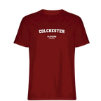 Colchester t-shirt – red men's t-shirt with white Colchester letters and Players Couture logo on the chest