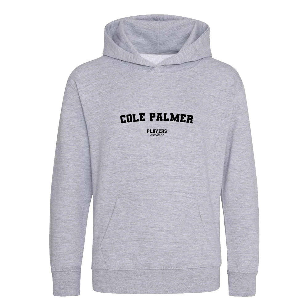 Cole Palmer hoodie – grey kids' hoodie with black Cole Palmer letters and Players Couture logo on the chest