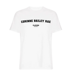 Corinne Bailey Rae t-shirt – white men's t-shirt with black Corinne Bailey Rae letters and Players Couture logo on the chest