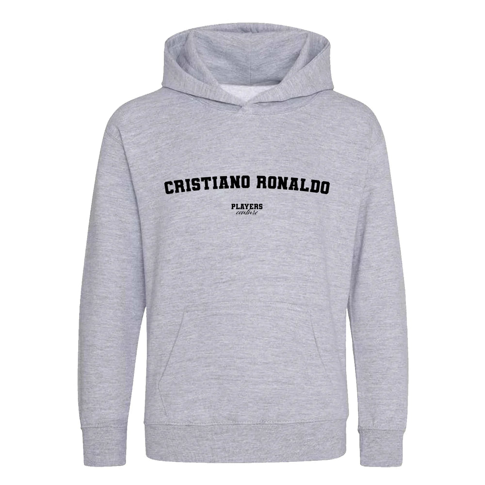 Cristiano Ronaldo hoodie – grey kids' hoodie with black Cristiano Ronaldo letters and Players Couture logo on the chest