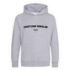 Cristiano Ronaldo hoodie – grey kids' hoodie with black Cristiano Ronaldo letters and Players Couture logo on the chest