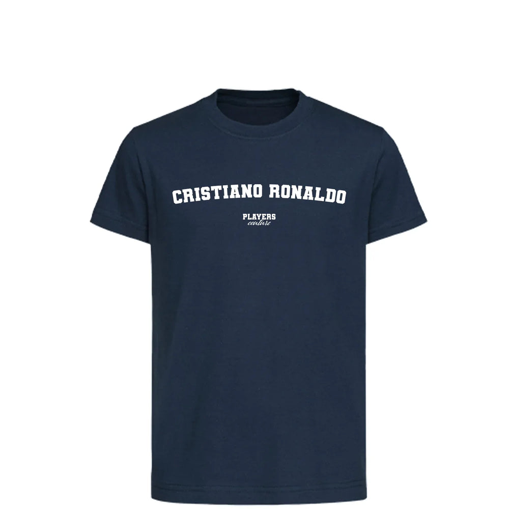Cristiano Ronaldo t-shirt – navy kids' t-shirt with white Cristiano Ronaldo letters and Players Couture logo on the chest