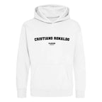 Cristiano Ronaldo hoodie – white kids' hoodie with black Cristiano Ronaldo letters and Players Couture logo on the chest