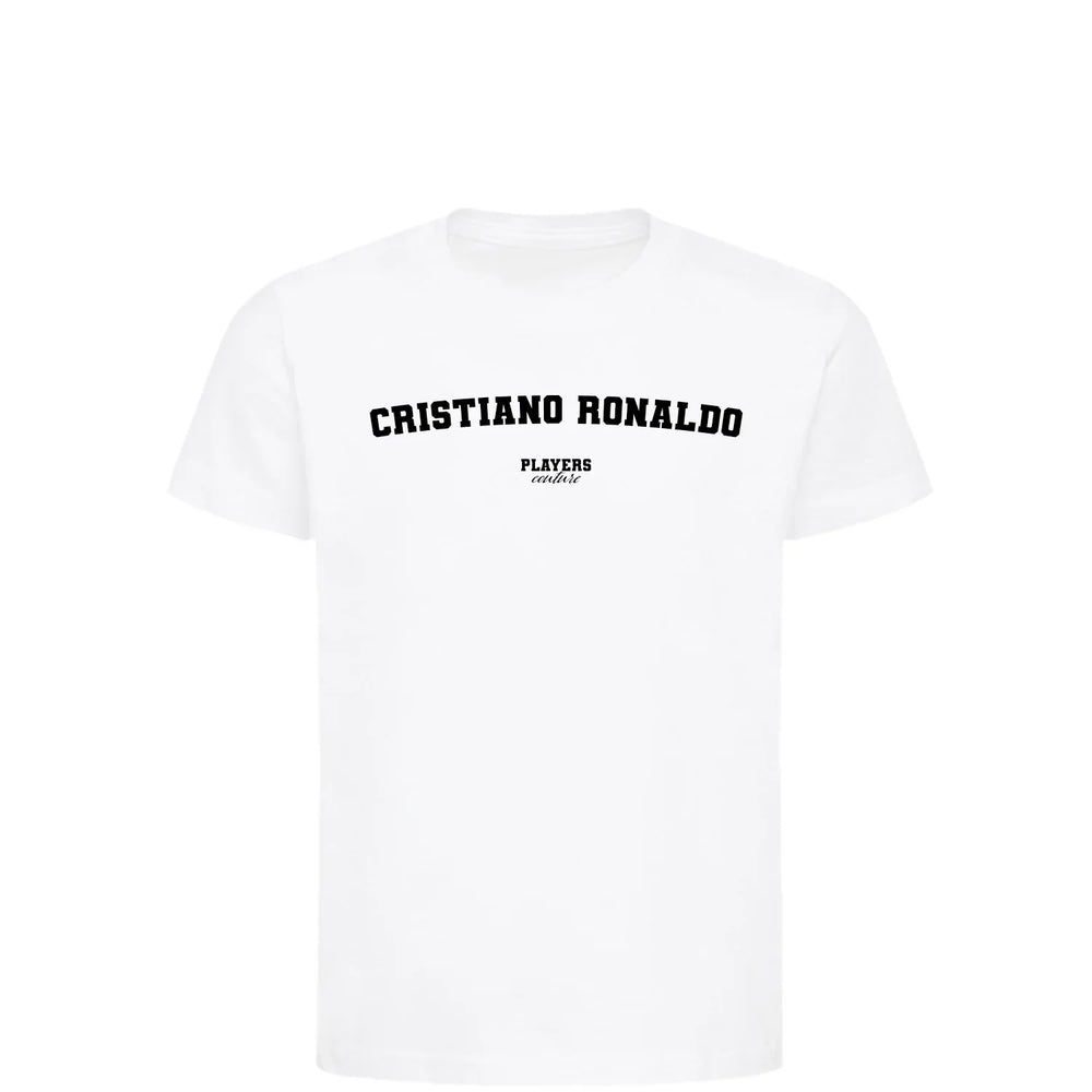 Cristiano Ronaldo t-shirt – white kids' t-shirt with black Cristiano Ronaldo letters and Players Couture logo on the chest
