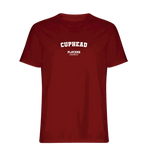 Cuphead t-shirt – red men's t-shirt with white Cuphead letters and Players Couture logo on the chest