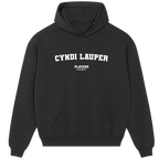 Cyndi Lauper hoodie – black men's hoodie with white Cyndi Lauper letters and Players Couture logo on the chest