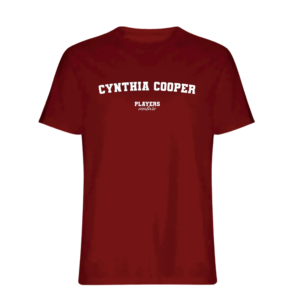 Cynthia Cooper t-shirt – red men's t-shirt with white Cynthia Cooper letters and Players Couture logo on the chest