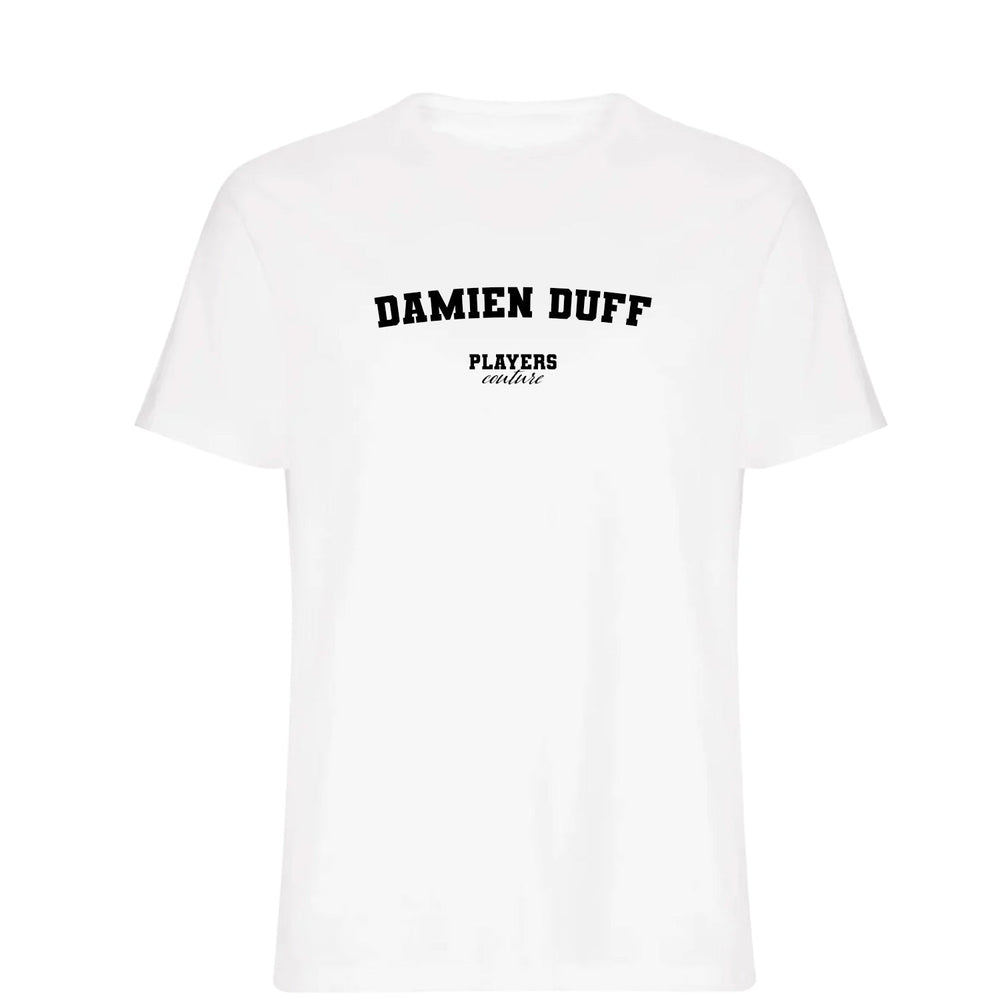 Damien Duff men's T-shirt in white with bold name lettering