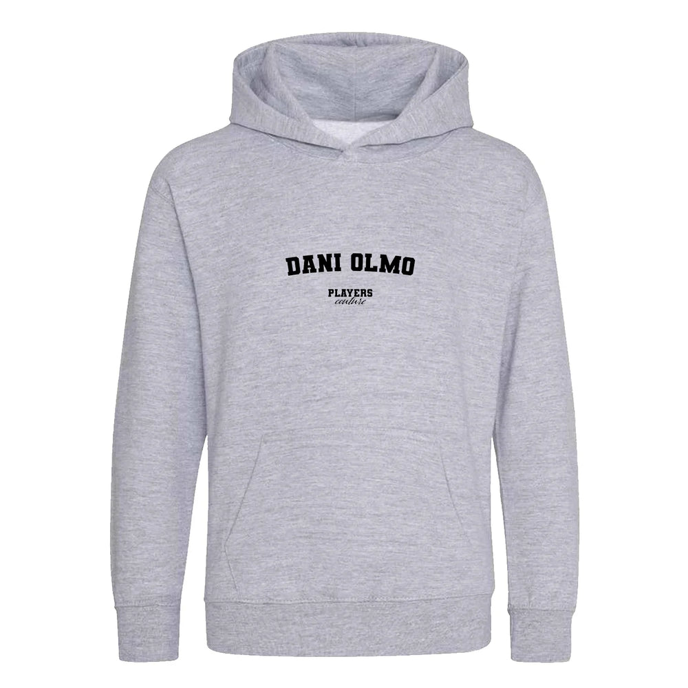 Dani Olmo hoodie – grey kids' hoodie with black Dani Olmo letters and Players Couture logo on the chest
