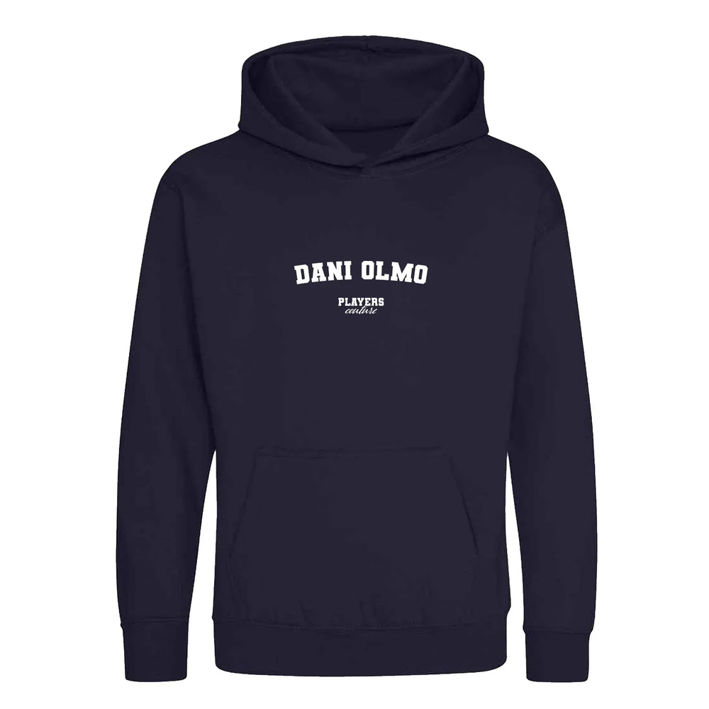Dani Olmo hoodie – navy kids' hoodie with white Dani Olmo letters and Players Couture logo on the chest