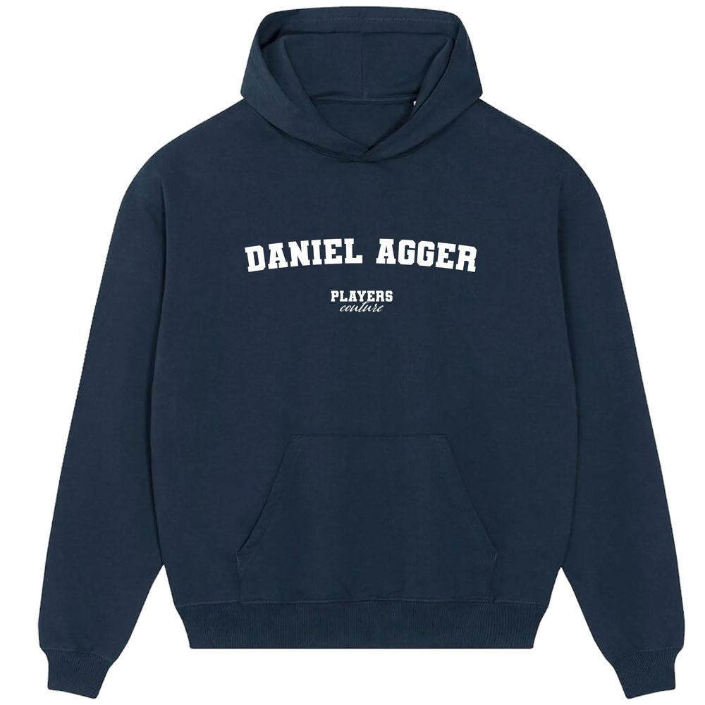 Navy blue Players Couture men's hoodie with 'Daniel Agger' text, sports fashion fanwear.
