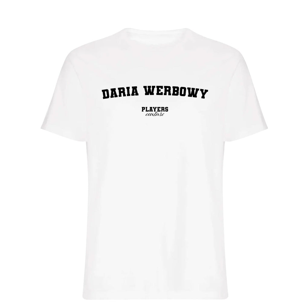 Daria Werbowy men's T-shirt in white with bold name lettering