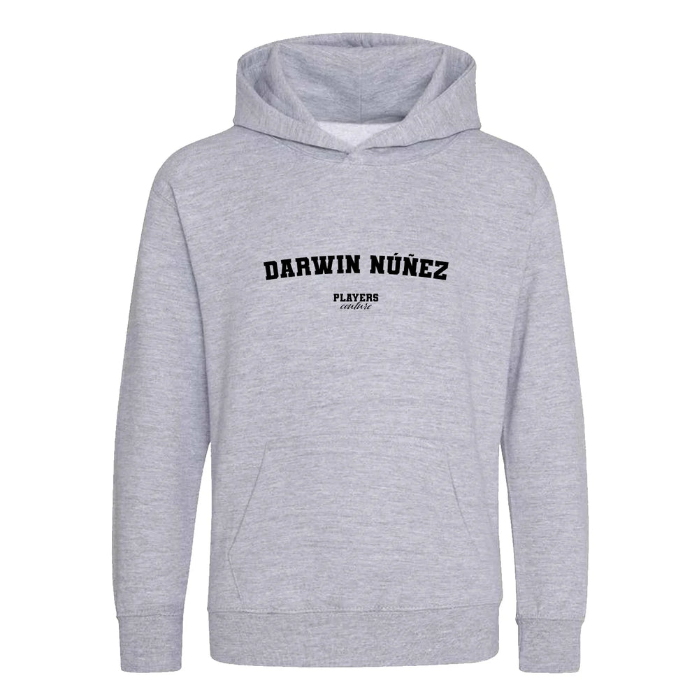 Darwin Nunez hoodie – grey kids' hoodie with black Darwin Nunez letters and Players Couture logo on the chest