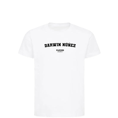 Darwin Nunez t-shirt – white kids' t-shirt with black Darwin Nunez letters and Players Couture logo on the chest