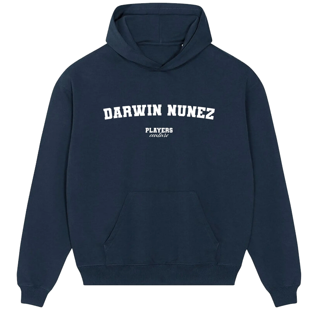 Navy Darwin Nunez Players Couture men's casual hoodie with front logo and pocket.