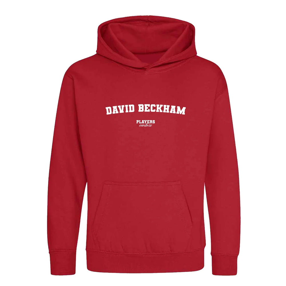 David Beckham hoodie – red kids' hoodie with white David Beckham letters and Players Couture logo on the chest