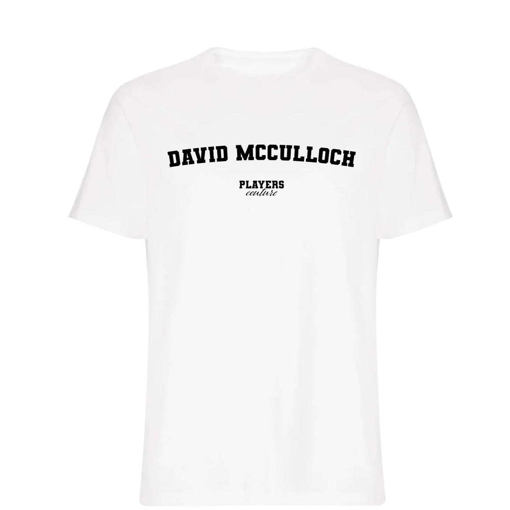 David McCulloch men's T-shirt in white with bold name lettering