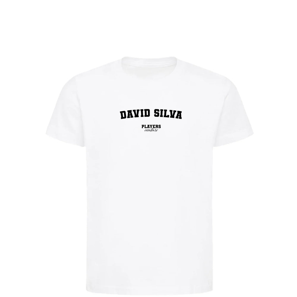 David Silva t-shirt – white kids' t-shirt with black David Silva letters and Players Couture logo on the chest