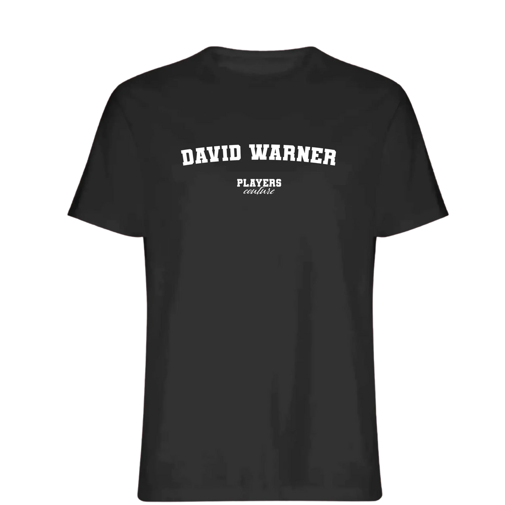 David Warner t-shirt – black men's t-shirt with white David Warner letters and Players Couture logo on the chest