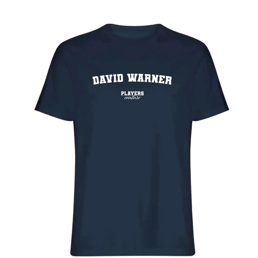David Warner t-shirt – navy men's t-shirt with white David Warner letters and Players Couture logo on the chest