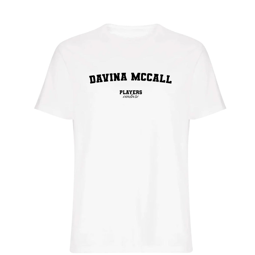 Davina McCall men's T-shirt in white with bold name lettering