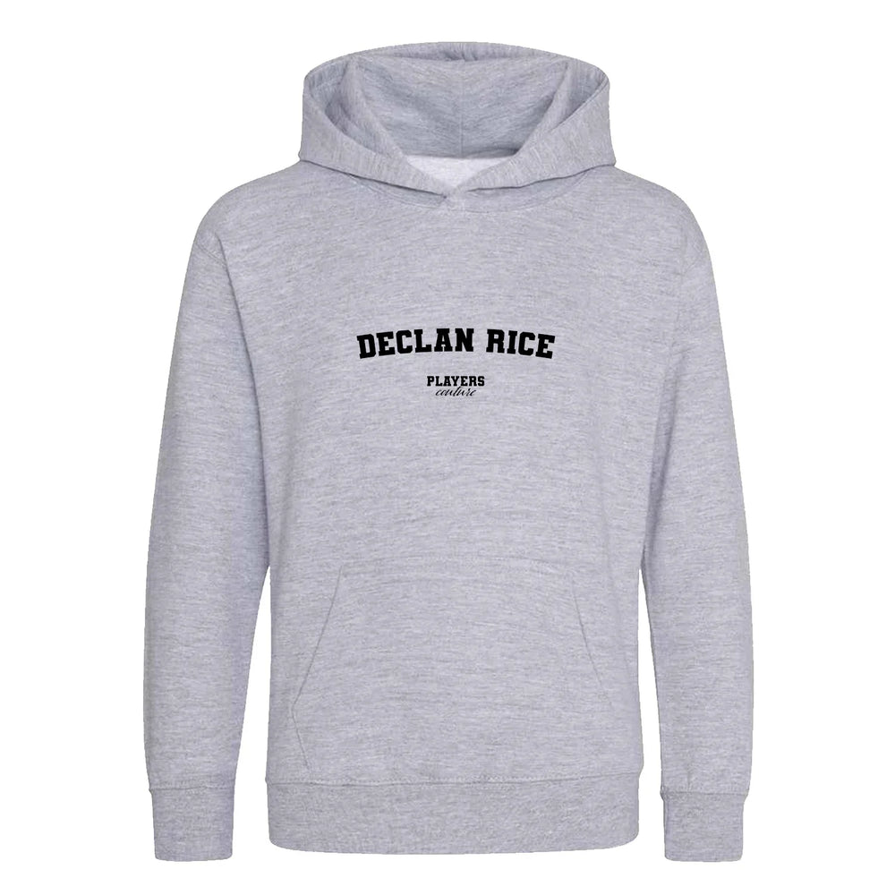 Declan Rice hoodie – grey kids' hoodie with black Declan Rice letters and Players Couture logo on the chest