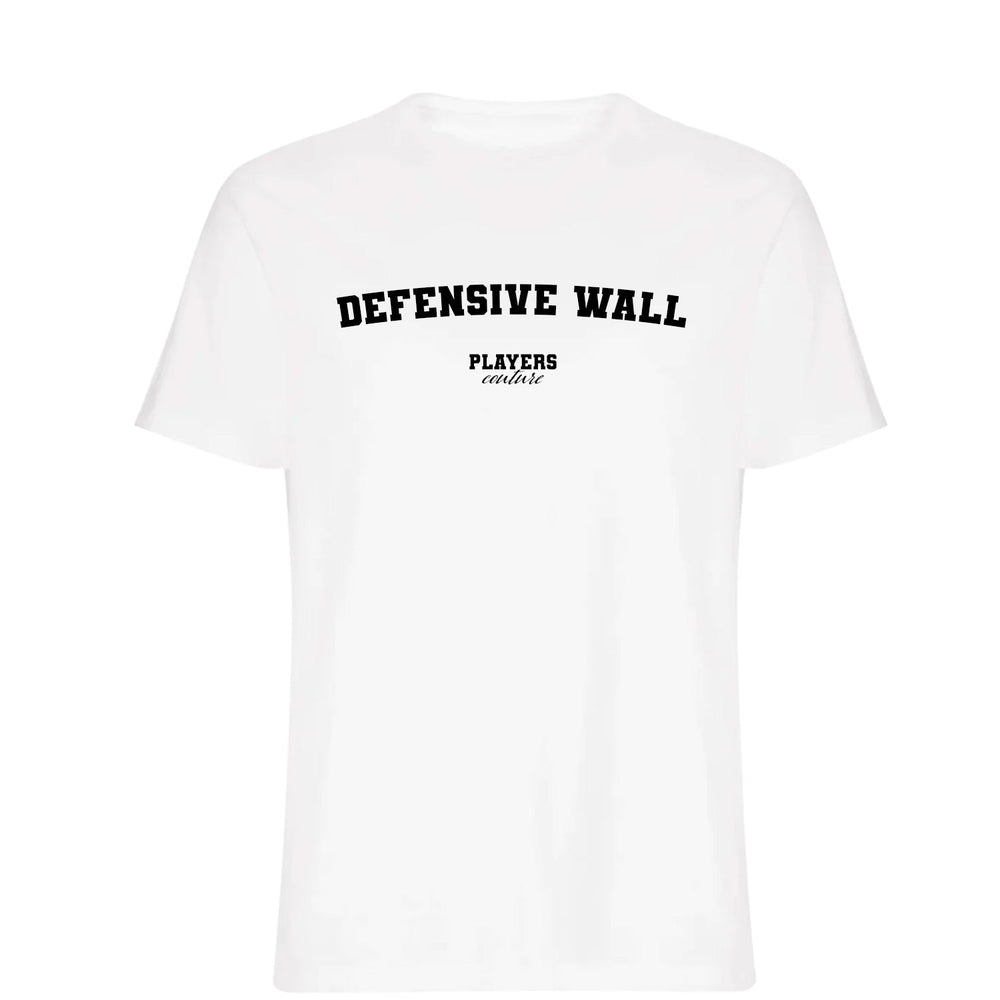 Defensive Wall men's T-shirt in white with bold name lettering