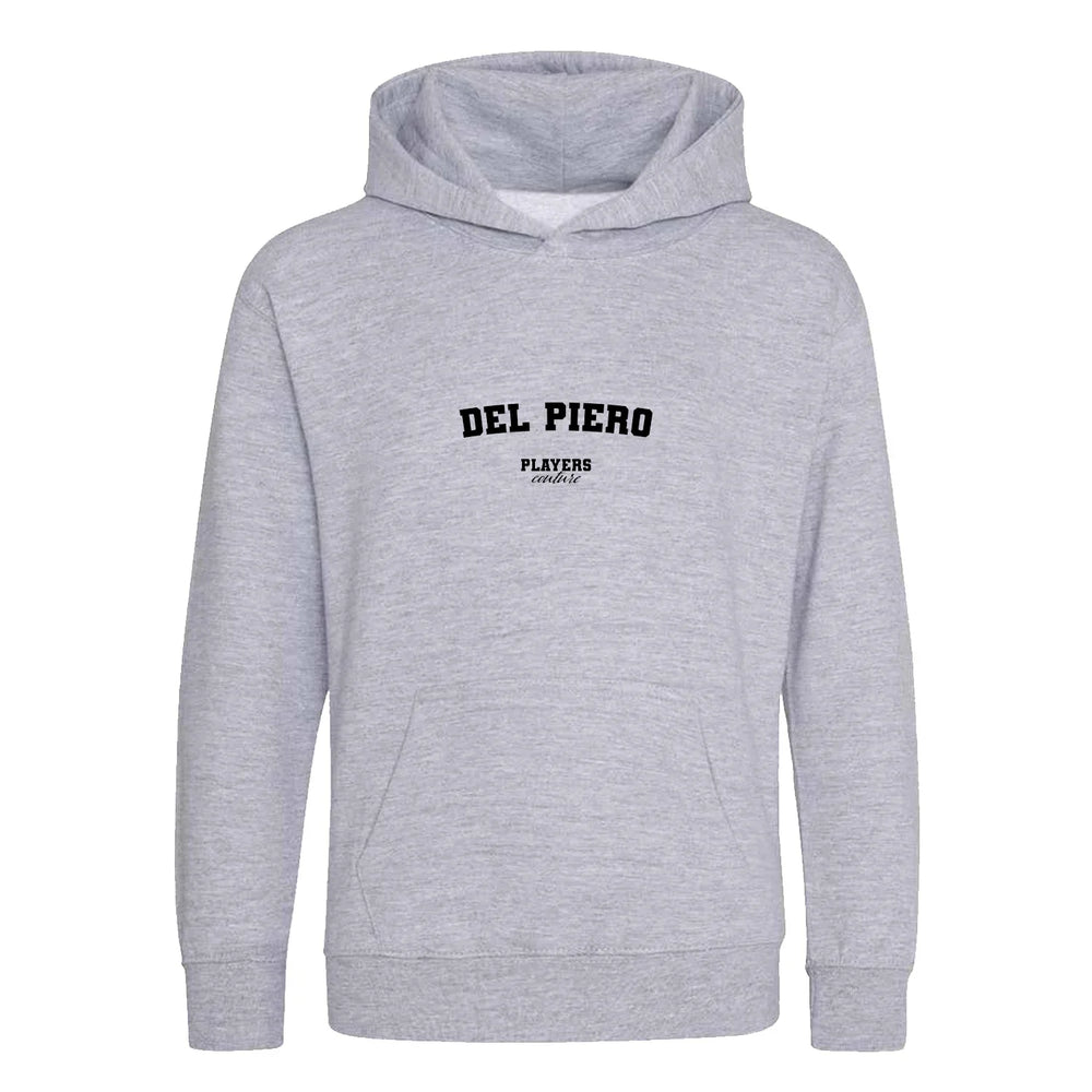 Alessandro Del Piero hoodie – grey kids' hoodie with black Alessandro Del Piero letters and Players Couture logo on the chest