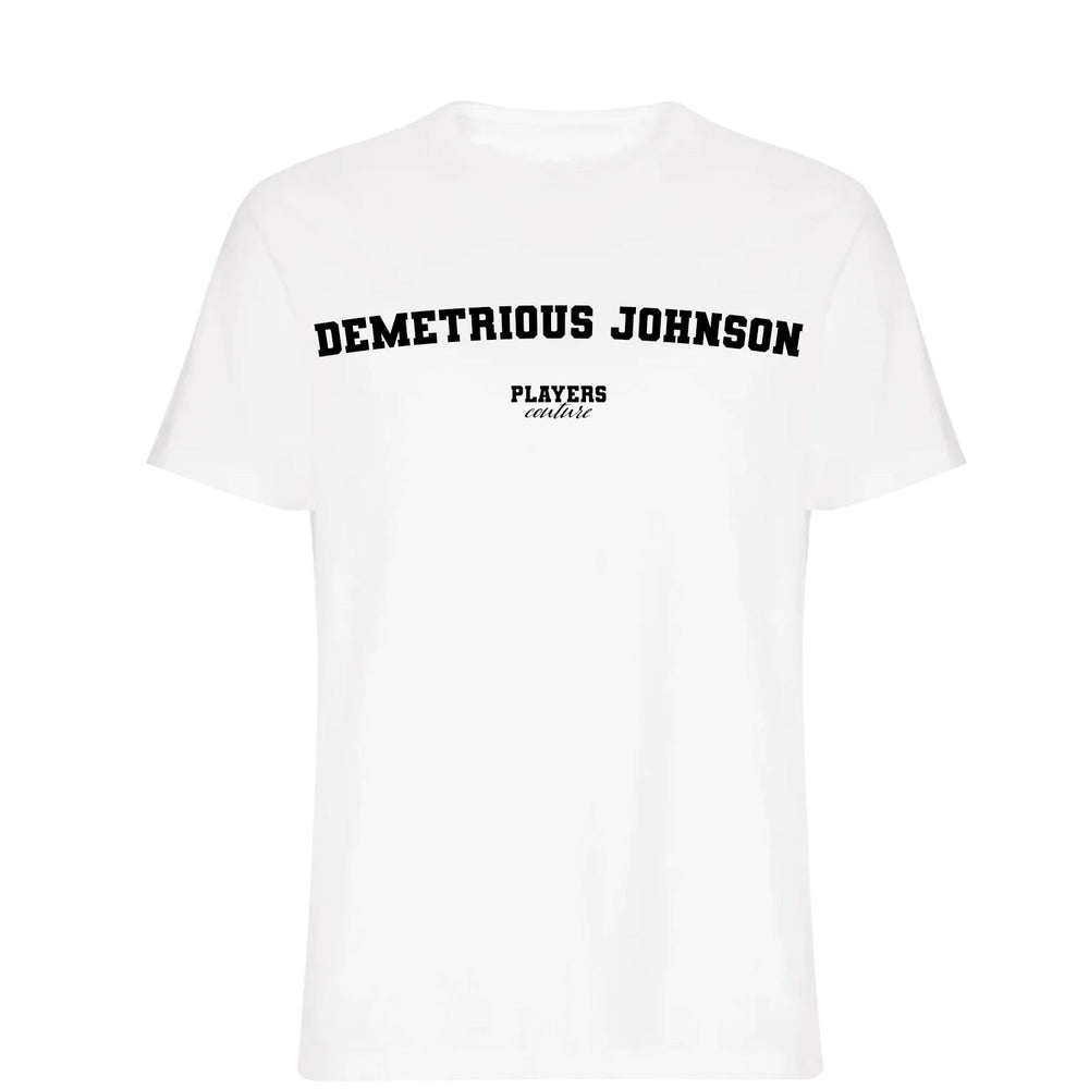 Demetrious Johnson men's T-shirt in white with bold name lettering