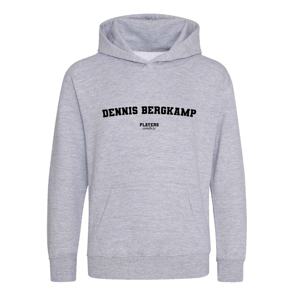 Dennis Bergkamp hoodie – grey kids' hoodie with black Dennis Bergkamp letters and Players Couture logo on the chest