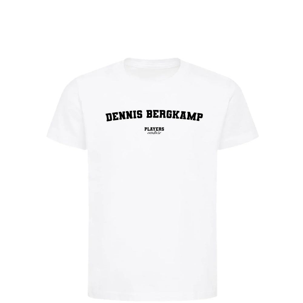 Dennis Bergkamp t-shirt – white kids' t-shirt with black Dennis Bergkamp letters and Players Couture logo on the chest
