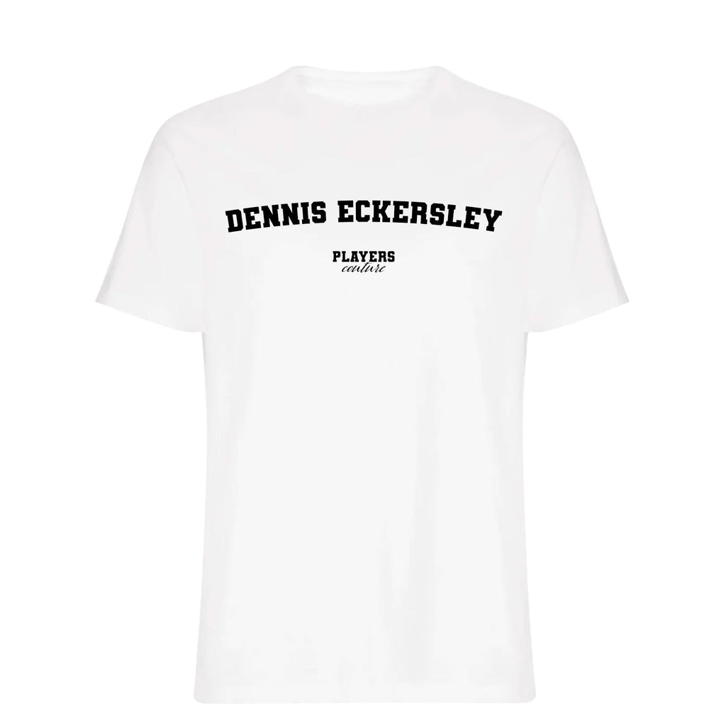 Dennis Eckersley men's T-shirt in white with bold name lettering