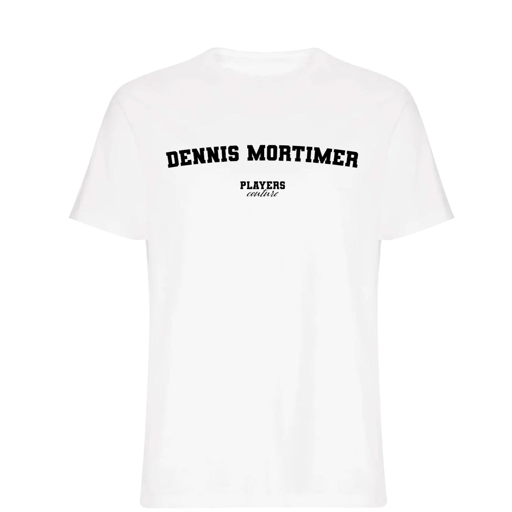 Dennis Mortimer men's T-shirt in white with bold name lettering