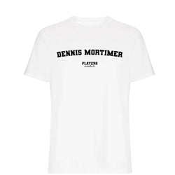 Dennis Mortimer men's T-shirt in white with bold name lettering