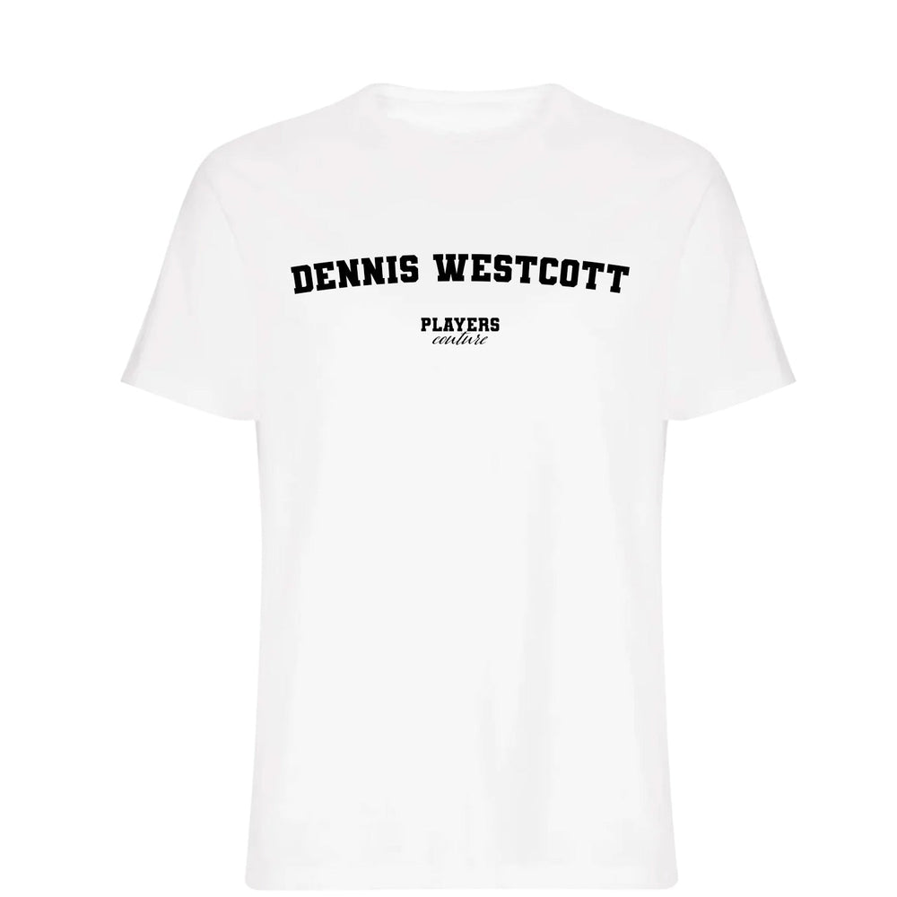 Dennis Westcott men's T-shirt in white with bold name lettering